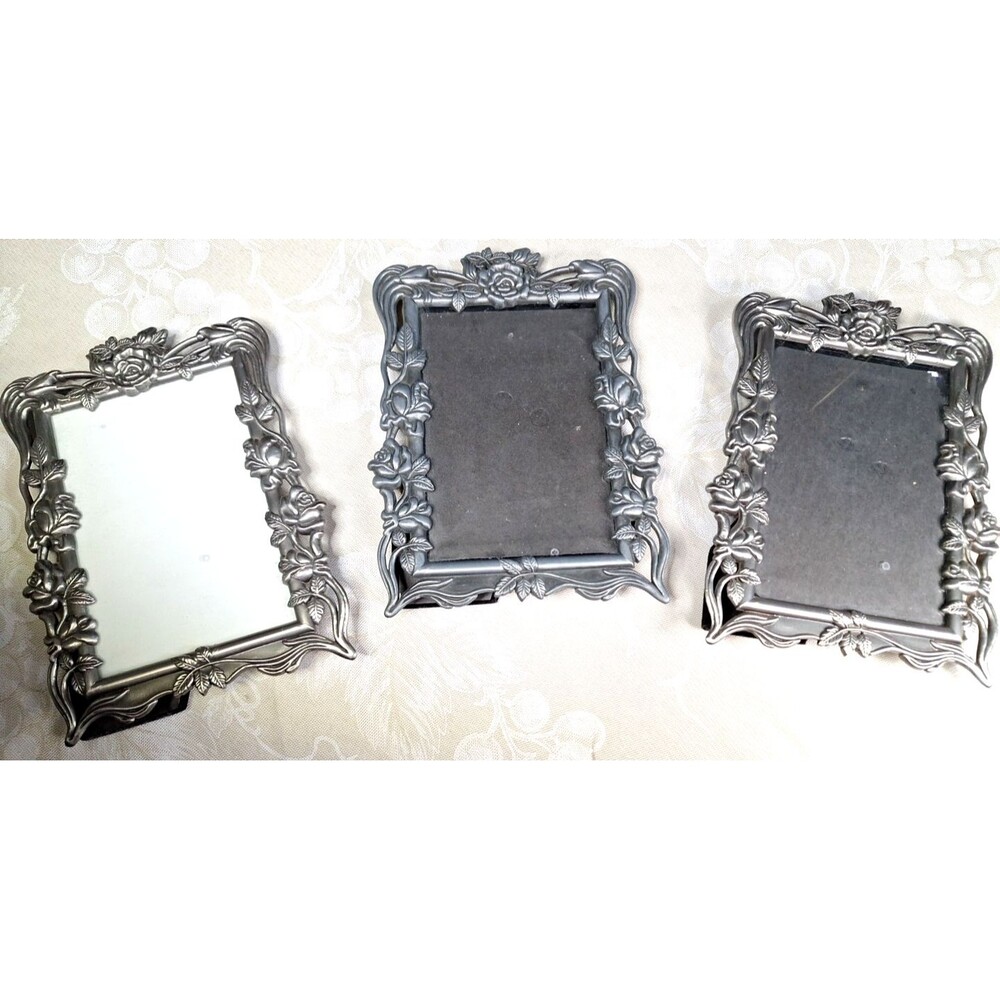 3 Vintage Rose Ornate Pewter Picture Frames 1 Matte 2 A Bit Shiny 4.5" x 6.5"ish